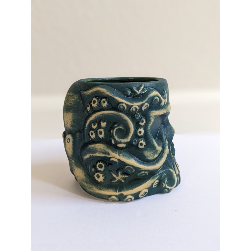 Mora Pagan Idol Handmade Hawaiian Octopus Tiki Skull Mug Matte Green Finish - Picture 7 of 10